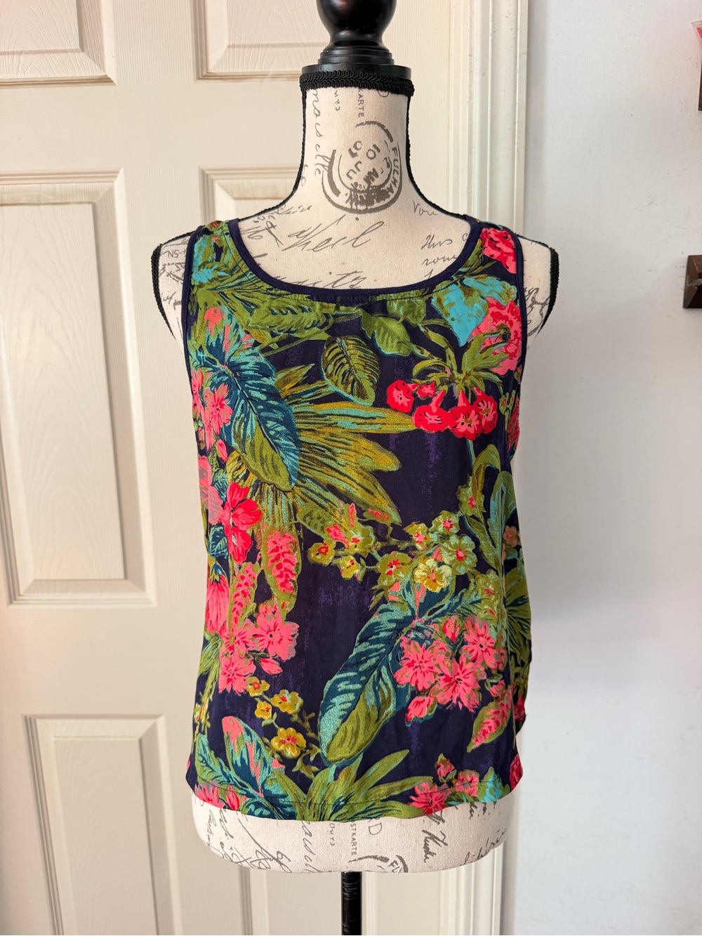 Anthropologie Navy Floral Tank with Green & Hot Pink Accents